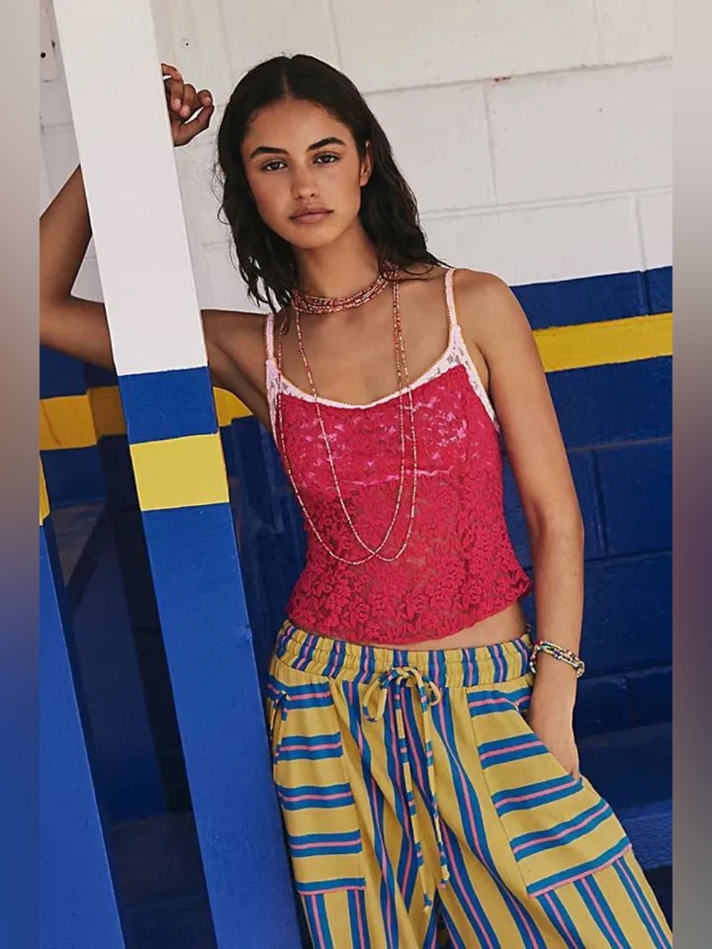 NWT Free People All Day Lace Cami Piping Hot Pink XS